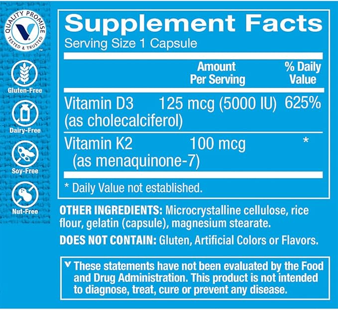 The Vitamin Shoppe Vitamin D3 K2 5000 IU - Bone Density & Heart Health | D3 + K2 MK-7 | 120 Capsules | Synergistic Formula