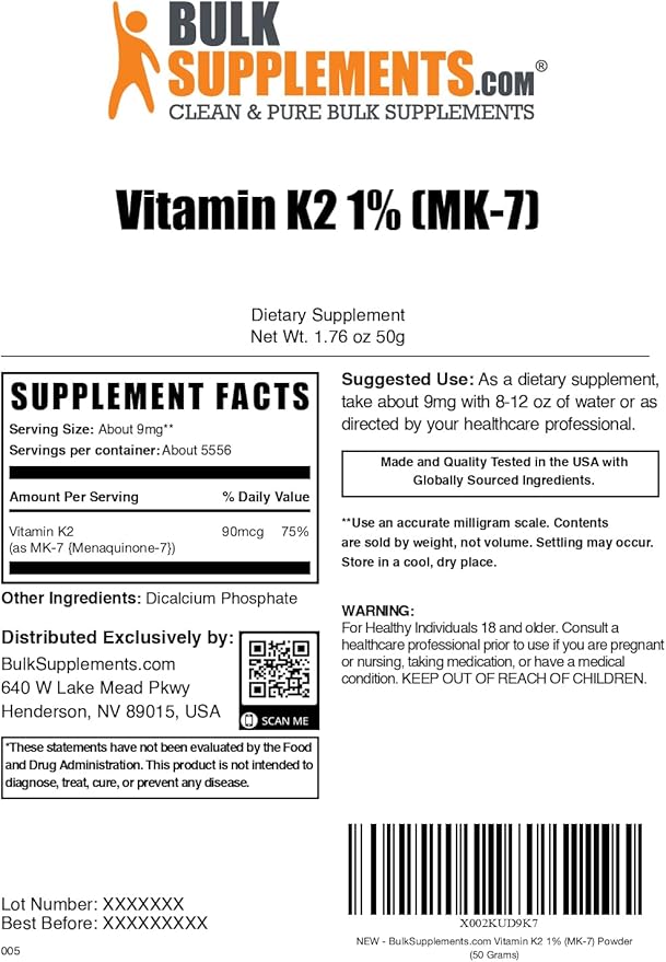 BulkSupplements.com Vitamin K2 Powder - Vitamin K2 MK-7, as Menaquinone Powder - K2 Vitamin Supplement for Wellness, Gluten Free, 9mg per Serving, 50g (1.8 oz) (Pack of 1)