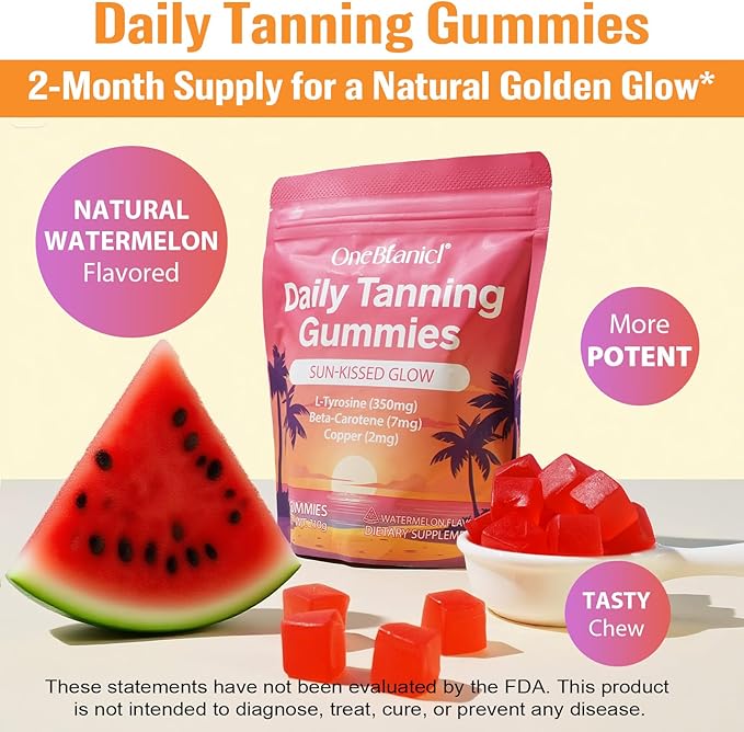 Daily Tanning Gummies - Natural Sun-Free Glow - with L-Tyrosine & Beta-Carotene to Enhance Tan, Nourish & Protect Skin, Watermelon Flavor, 60 Count