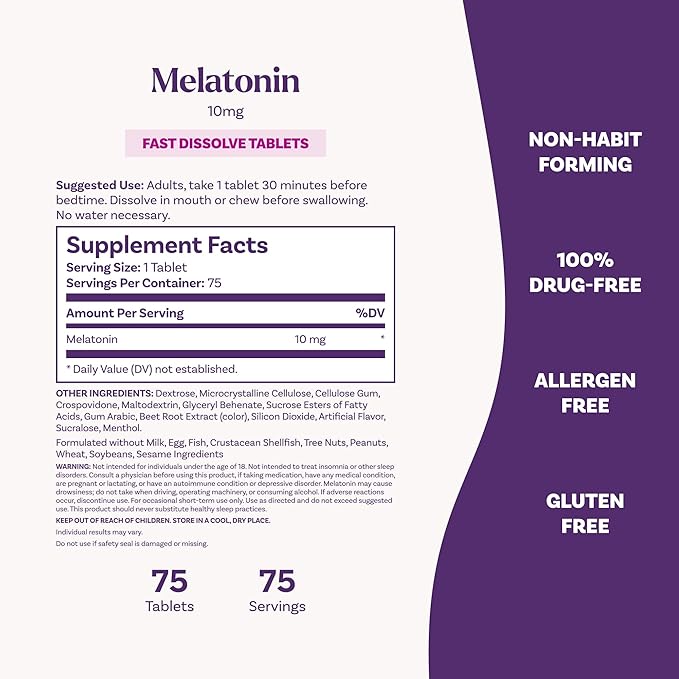 Natrol Melatonin 10mg Fast Dissolve Tablets - Strawberry Flavor, 75 Count, Sleep Support, Fast Dissolve Melatonin for Adults, 75-Day Supply