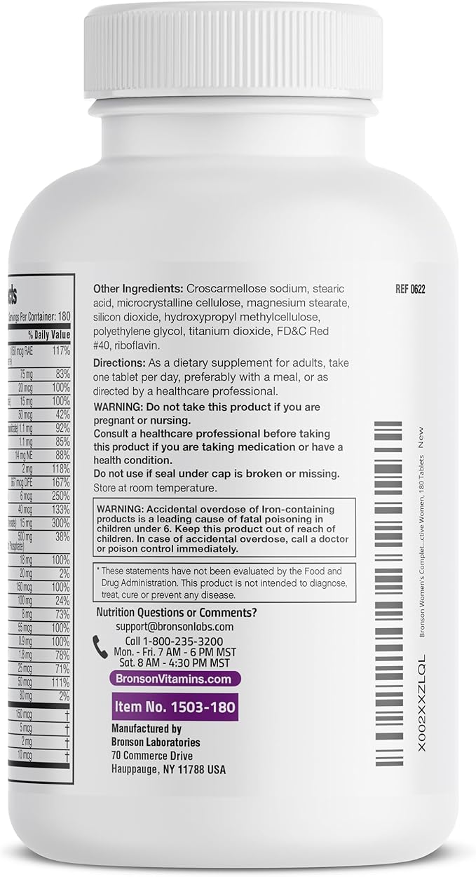 Bronson ONE Daily Women’s Complete Multivitamin Multimineral Once-Daily Multi for Active Women, 180 Tablets