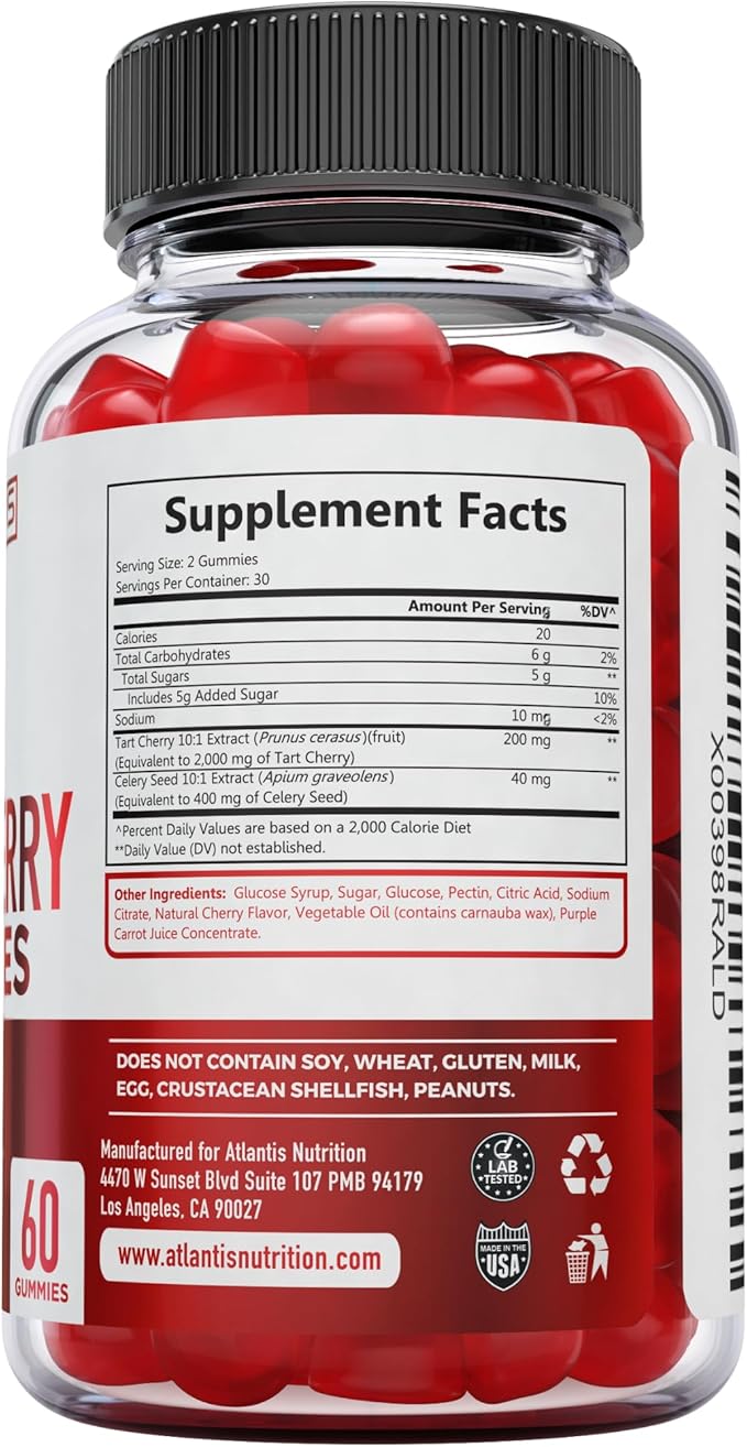 Atlantis Nutrition Tart Cherry Gummies with Celery Seed Extract - Advanced Uric Acid Cleanse for Immediate Relief | Joint Relief & Recovery | Powerful Antioxidant with Joint Support - 60 Gummies