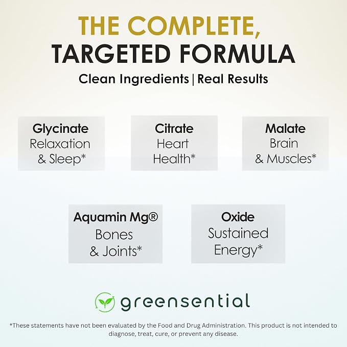 Greensential 5-in-1 Magnesium Complex 500mg | Glycinate, Malate, Citrate, Oxide & Aquamin® | Advanced Sleep, Muscle & Heart Support | Made in USA, Vegan, 120 Capsules