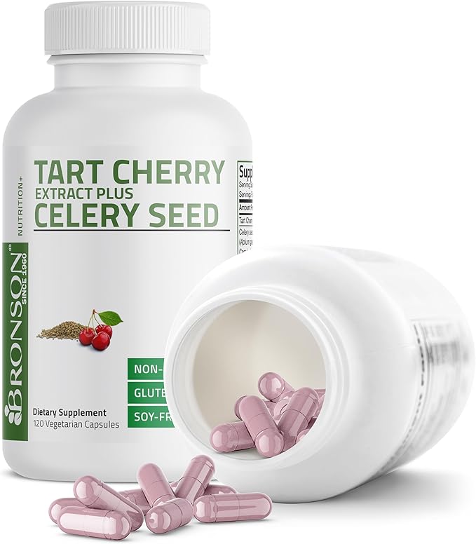 Bronson Tart Cherry Extract + Celery Seed Capsules - Powerful Uric Acid Cleanse, Joint Mobility Support & Muscle Recovery Supplement - Non GMO Formula, 120 Vegetarian Capsules