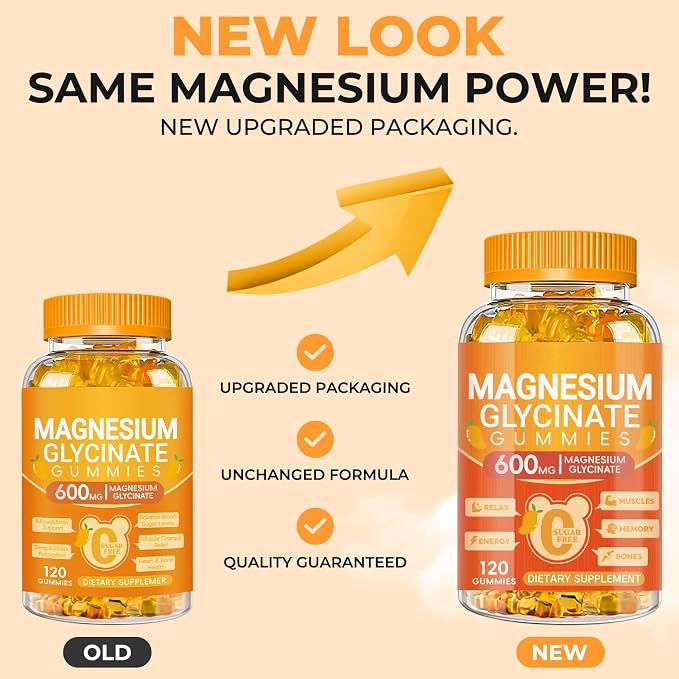 Magnesium Glycinate Gummies 600mg, Chewable Sugar Free Potassium Magnesium Gummies with Magnesium Glycinate, Vitamin D, B6 and CoQ10 for Sleep, Relaxation, Brain & Muscle, 120 Count