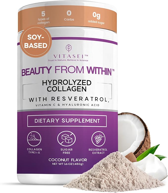 VITASEI Hydrolyzed Collagen Peptides Powder with Resveratrol & Vitamin C – Hair, Skin & Joint Support – Colágeno Hidrolizado for Women & Men – Soy-Based Formula – Coconut Flavor, 16 oz (30 Servings)