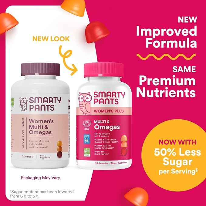 SmartyPants Women's Multivitamin Gummies, Omega 3 (DHA/EPA), Methylfolate, CoQ10, Vitamin D3, C, Vitamin B12, B6, A, K & Zinc, Inositol, Gluten Free, 120 Count (40 Day Supply)