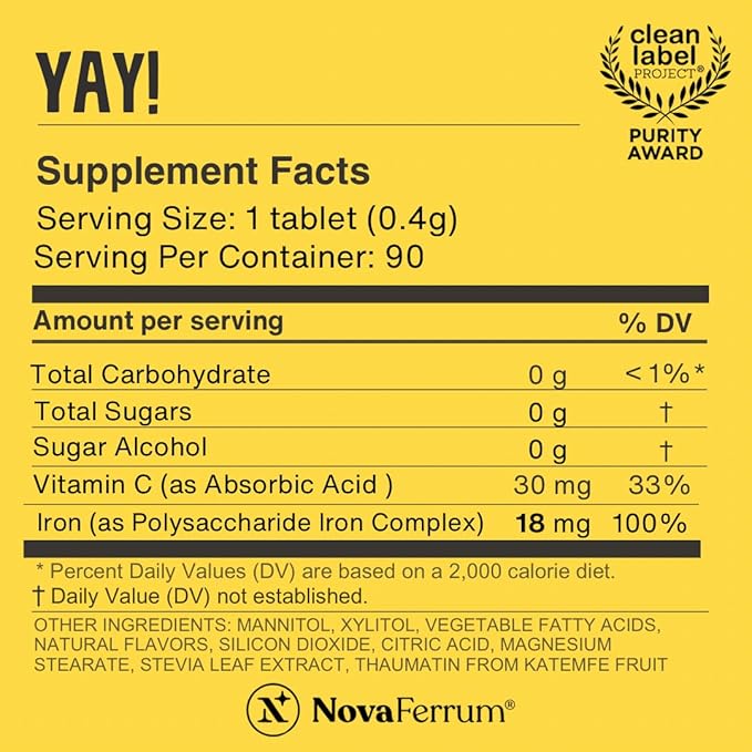 NovaFerrum Yay | Chewable Iron Supplement for Kids & Adults Ages 4 and Over | 18mg of Iron | 90 Servings | Sugar Free | Vegan | Gluten Free | Orange Flavor