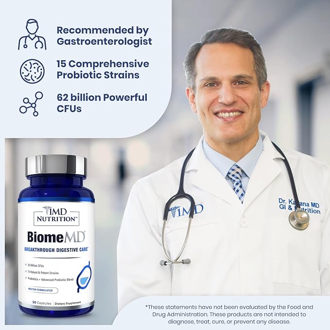 1MD Nutrition BiomeMD Probiotics | 62 Billion CFUs, 15 Comprehensive Strains - Pro & Prebiotics | Doctor-Formulated for Digestive Health & Immune Support | 60 Capsules