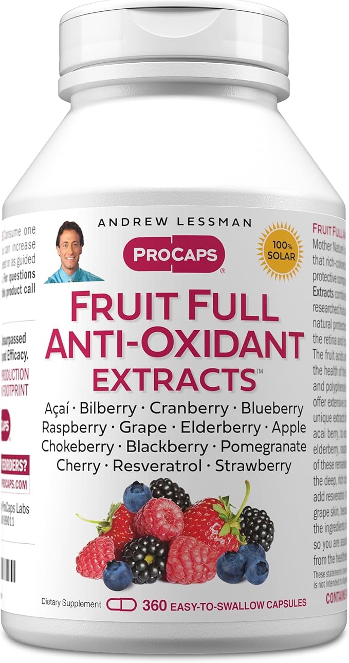 ANDREW LESSMAN Fruit Full Anti-Oxidant Extracts 360 Capsules - 14 Natural Fruit and Berry Extracts. Bilberry, Cranberry, Grape Seed, Pomegranate, Resveratrol, and More. Easy to Swallow Capsules
