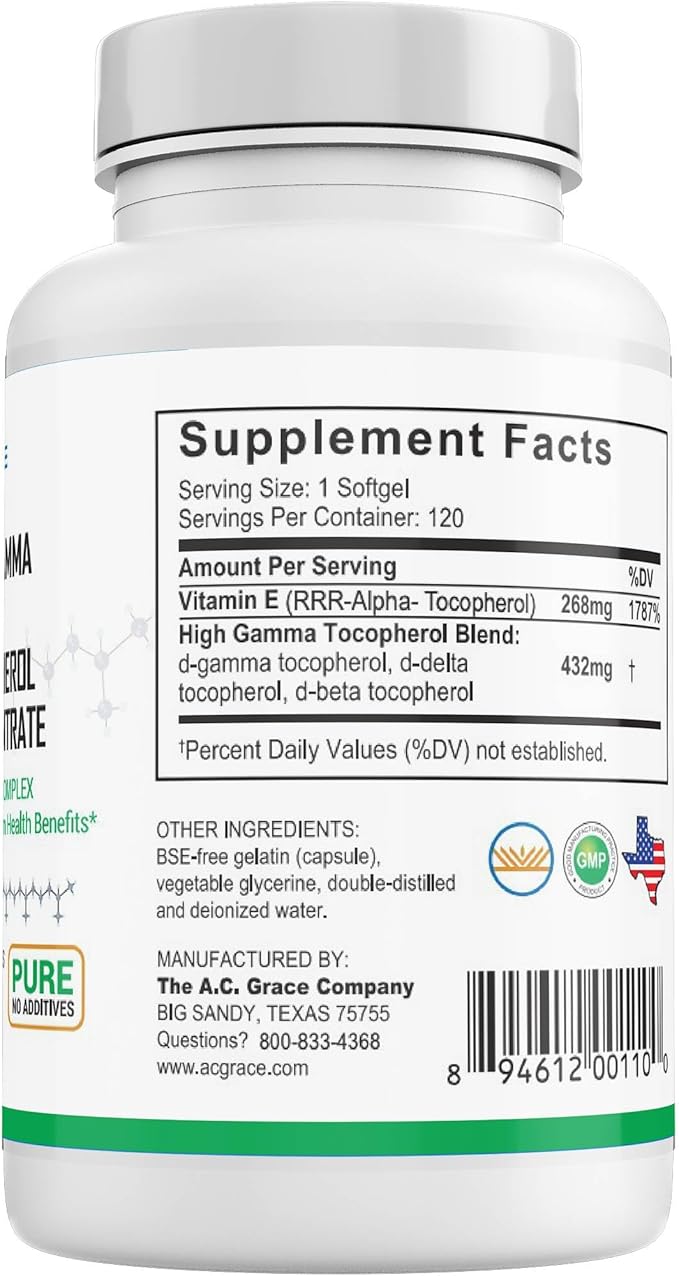 UNIQUE E A.C. Grace Company Mixed Tocopherols 120 Soft Gels, Supports Healthy Brain Function, General Health, and Aging Support, All-Natural Vitamin E and Kosher