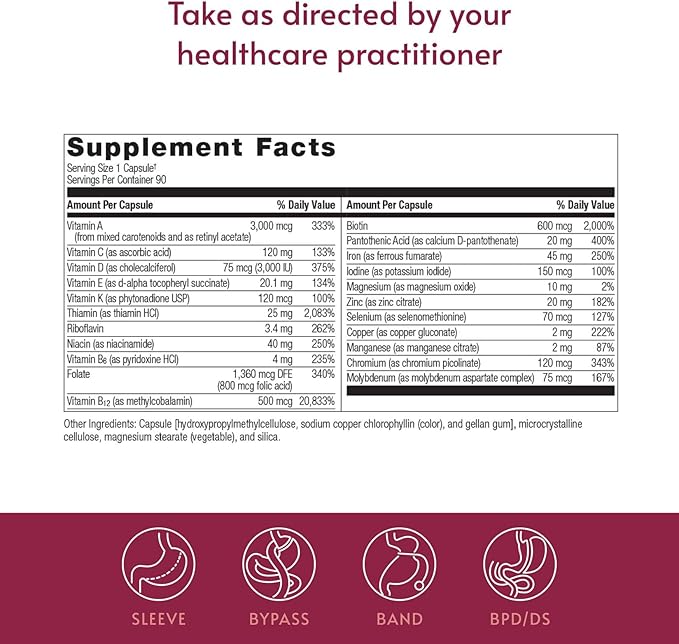Bariatric Advantage Ultra Solo with Iron - Once-Per-Day Daily Multivitamin - for Bariatric Patients - with Thiamin, Vitamin A & More - Gluten Free - 90 Capsules