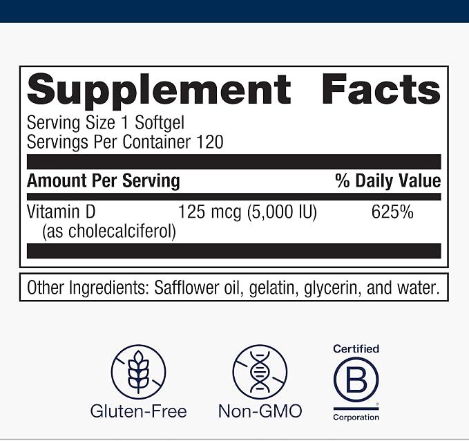 Metagenics Vitamin D3 5000 IU Supplement - High Potency Softgels for Immune, Bone & Heart Health* - 125 mcg Cholecalciferol in Coconut Oil for Enhanced Absorption* - Non-GMO, Gluten-Free - 120 Count