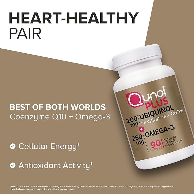 Qunol Plus Ubiquinol CoQ10 100mg with Omega 3 Fish Oil 250mg, Extra Strength Antioxidant Supplement, 90 Count