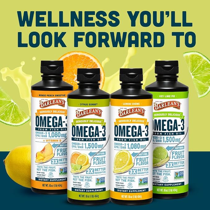 Barlean's Omega 3 Fish Oil Liquid Supplement for Men and Women, 1500mg of EPA and DHA Fatty Acid, Promotes Brain & Heart Health - Non-GMO, Citrus Sorbet, 16 oz