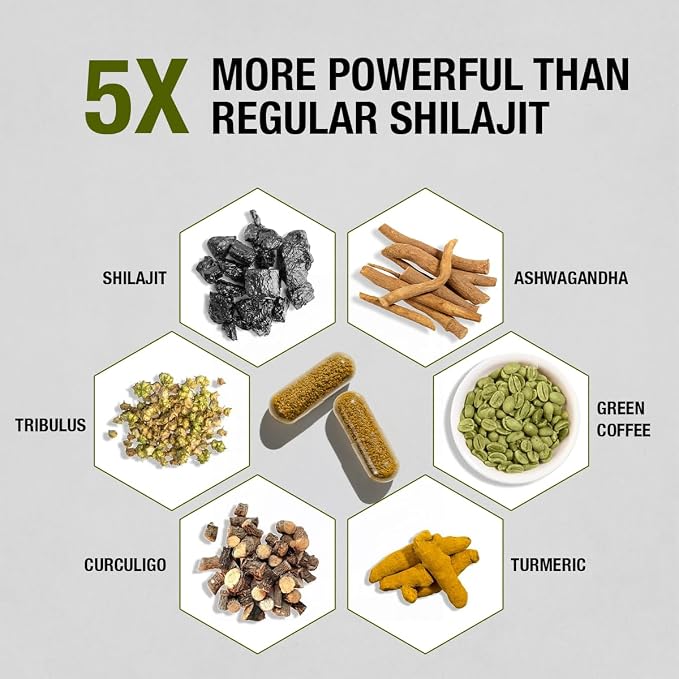 Organic Himalayan Shilajit Resin Extract with Ashwagandha & Turmeric-400mg Max Potency, Lab Tested Pure Shilajit for Men & Women, 85+ Trace Minerals, Immune Support, Energy, 2 Month Supply-120 Capsule