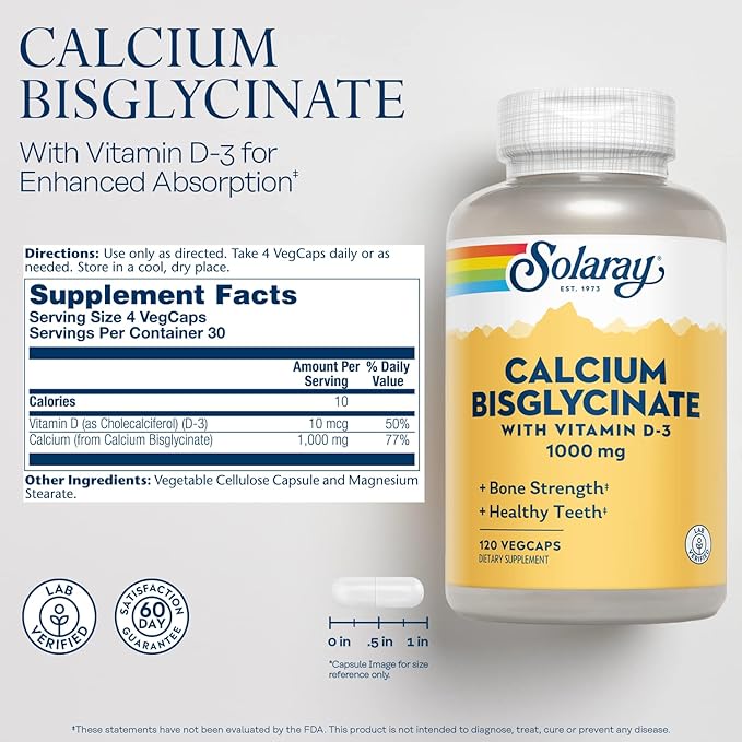 SOLARAY Calcium Bisglycinate Supplement 1000 mg for Women & Men - Calcium with Vitamin D3, Bone Strength & Teeth Health Support, Chelated Capsules, Easy to Digest - 120 Veg Cap Count