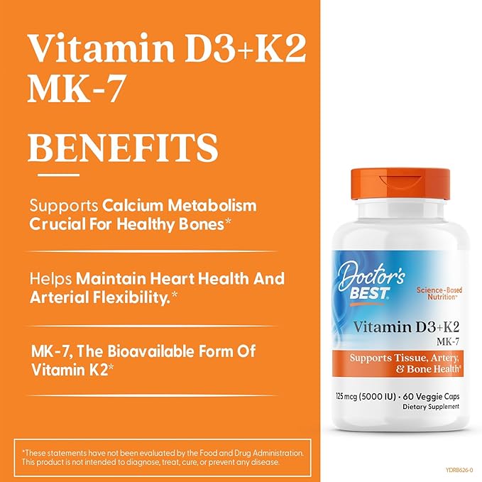 Doctor's Best Vitamin D3 and K2 Supplement for Men & Women - Vitamin D3 5000 IU + K2 as MK-7, Bone Health Support, Gluten Free, Non GMO, Vegetarian Capsules - 60 Veg Caps