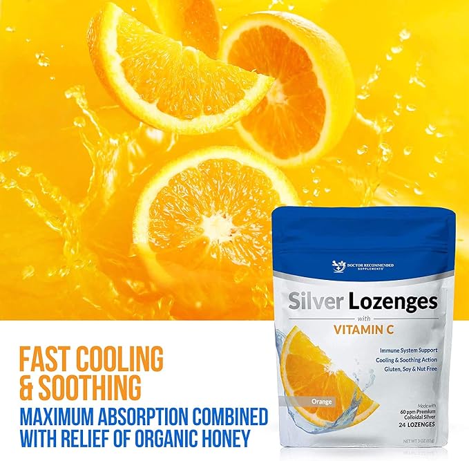 Silver Lozenges with Vitamin C - Premium Nano Silver 60 PPM Colloidal Silver, Organic Honey and Vitamin C Mineral Supplement Drops to Support Immune System, Soothe Cough & Throat - Pack of 2