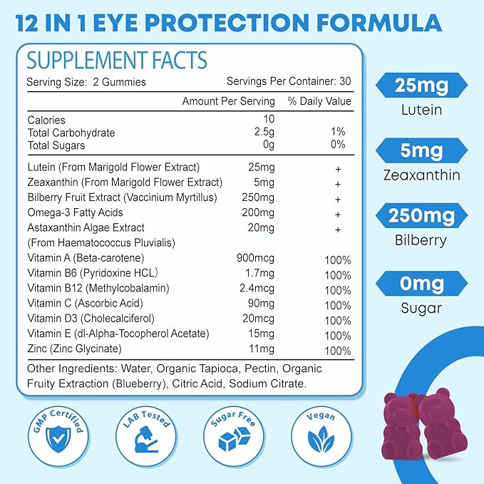 2 Pack Lutein Gummies, 12 in 1 Lutein and Zeaxanthin Supplements Eye Vitamins Gummies for Adults, Eye Health Supplement with Multiple Vitamin for Promoting Eye & Vision - 120 Gummies