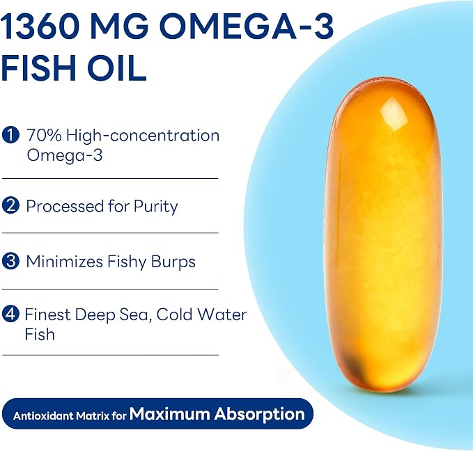 Vitamin World Triple Strength Omega 3 Fish Oil 1360 mg Supplement, 950 mg Active Omega-3 Fatty Acids with EPA & DHA, Supports Heart, Brain & Joint Health, Gluten Free, 180 Softgels, 6 Months Supply