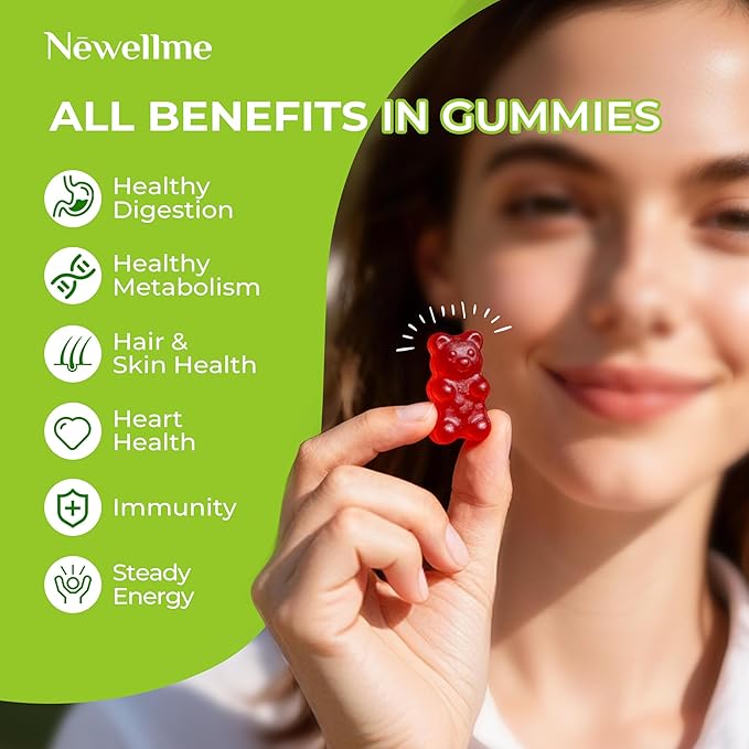 NEWELLME ACV Gummies with the Mother & B12 – Sugar-Free, Great-Tasting Vegan Gummies for Digestion, Metabolism & Daily Energy Support, 60 Count
