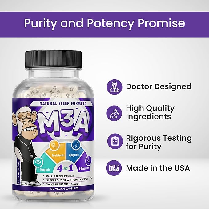 M3A Sleep Support - Magtein, Apigenin Melatonin with L-Theanine - 90 Capsules - 2 Pack - Premium 4-in-1 Non-Habit Forming Natural Sleep Aid - Restful Nights and Refreshing Mornings by Bored Nutrition