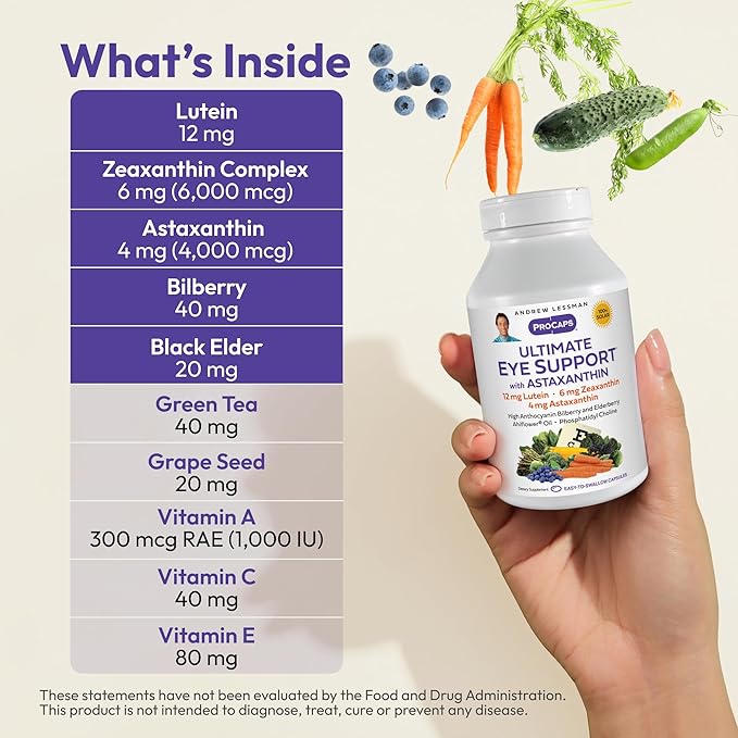 ANDREW LESSMAN Ultimate Eye Support with Astaxanthin 30 Softgels - 12mg Lutein, 6mg Zeaxanthin, 4mg Astaxanthin, Bilberry. Key Nutrients to Support Eye Health, Promote Healthy Vision. No Additives