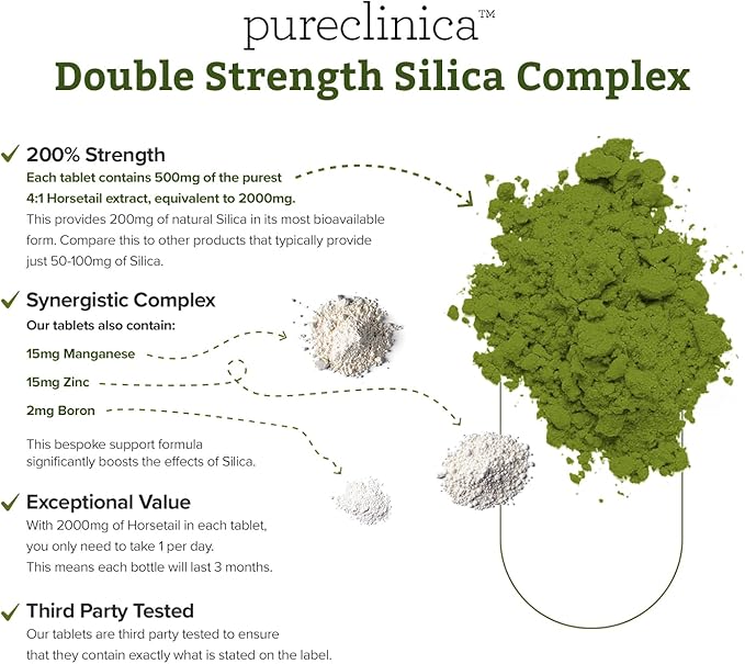 pureclinica Double Strength Silica Complex – 500mg Horsetail Extract (4:1) per Tablet – 180 Tablets (2 Bottles) – 6 Month Supply – with Zinc, Manganese & Boron
