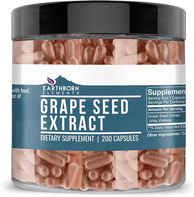 Earthborn Elements Pure Grape Seed Extract 200 Capsules, Pure & Undiluted, No Additives