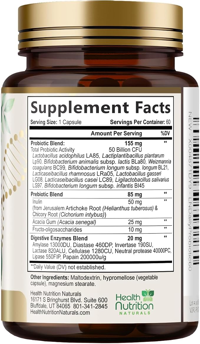Probiotics 50 Billion CFU per Serving - 10 Strains + Prebiotics - Digestive Health, Gut & Immune Support - Occasional Constipation, Gas & Bloating Support for Women & Men, Bottled USA - 60 Capsules