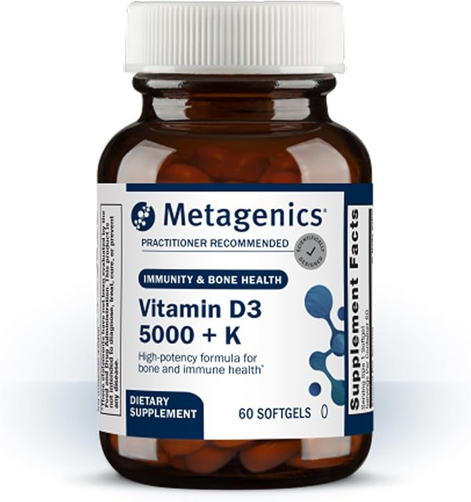 Metagenics Vitamin D3 + K - for Artery Health, Immune Support, Bone & Heart Health* - Vitamin D with MK-7 (Vitamin K2) - Non-GMO - Gluten-Free - 60 Softgels - 5,000 IU
