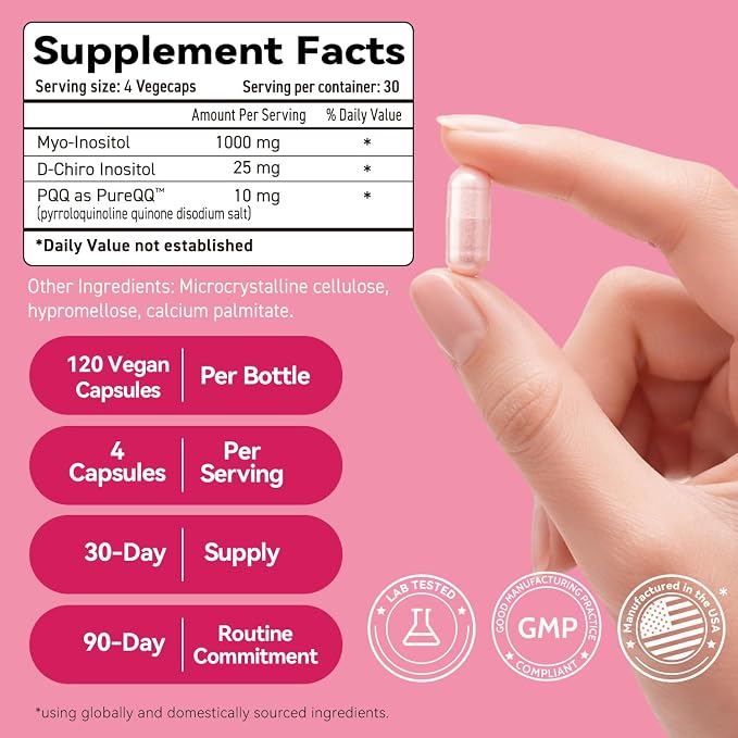 Optimal Ovarian Health | Myo-Inositol + D-Chiro & PQQ | Fertility, Hormonal & Ovarian Support | PCOS Ideal 40:1 Ratio | Vitamin B8 Inositol Supplement for Women | Non- GMO | 120 Capsules