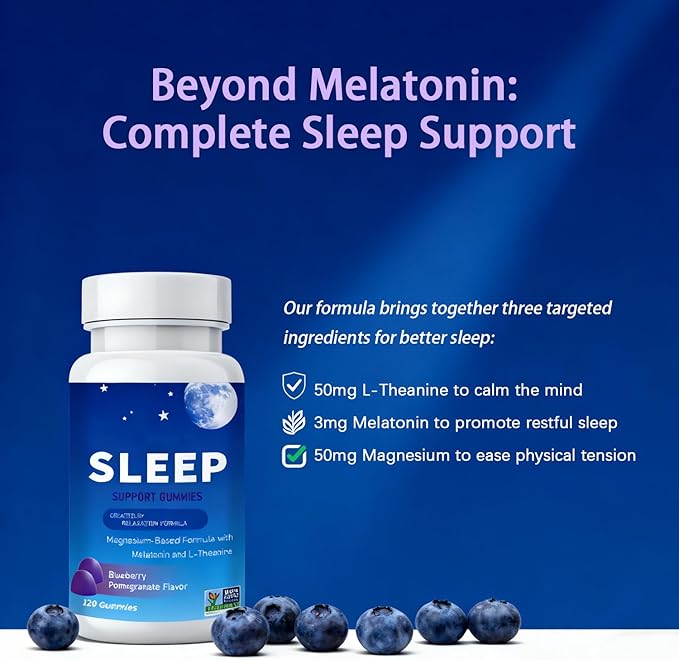 Sleep Gummies with Magnesium, Melatonin & L-Theanine | Sleep Support Supplement for Relaxation & Restful Nights | Helps Wind Down Before Bed, Wake Refreshed | Blueberry Pomegranate Flavor, 120 Count