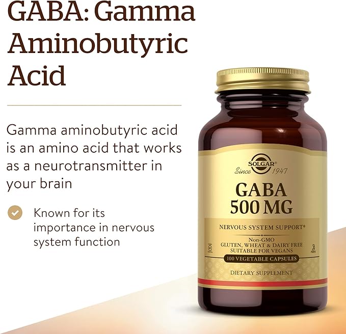 Solgar GABA 500 mg, 100 Vegetable Capsules - Relaxation & Nervous System Support - Amino Acid - Non-GMO, Vegan, Gluten Free, Dairy Free, Kosher - 100 Servings
