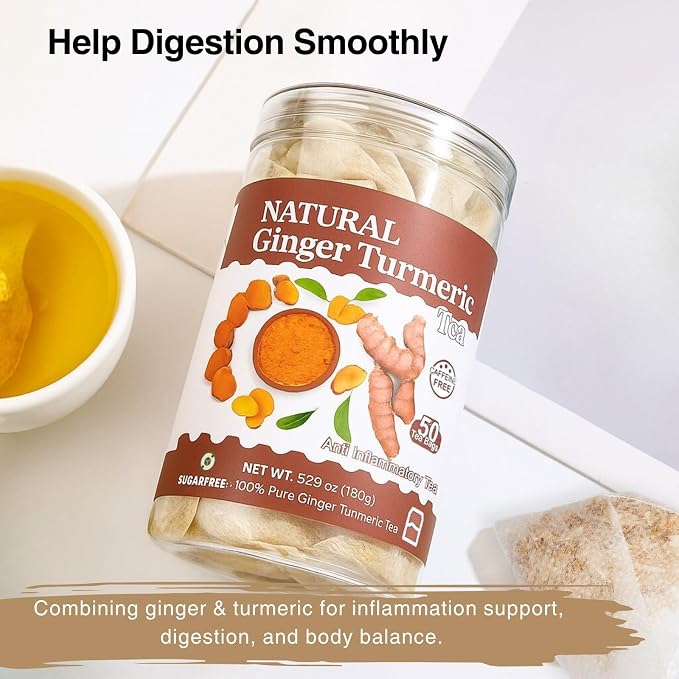 50 Ginger Turmeric Tea Bags – Premium Herbal Turmeric and Ginger Tea for Digestion and Immune Support, Caffeine-Free