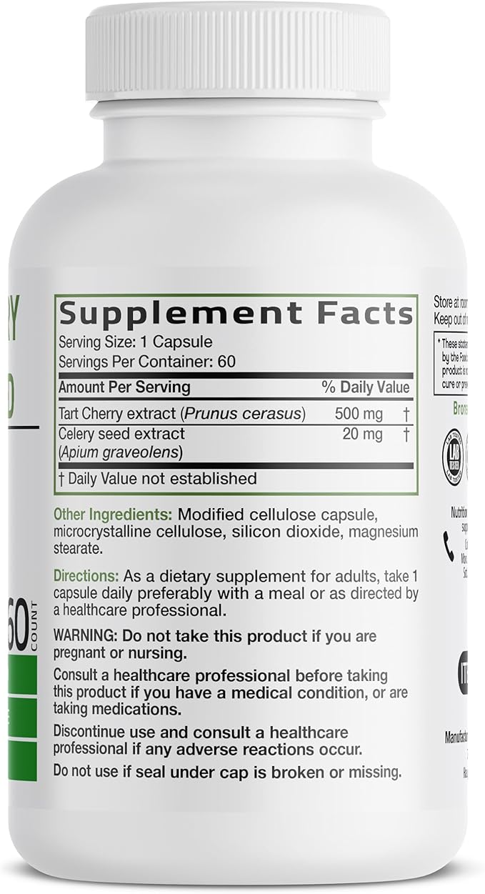 Bronson Tart Cherry Extract + Celery Seed Capsules - Powerful Uric Acid Cleanse, Joint Mobility Support & Muscle Recovery Supplement - Non-GMO Formula - 60 Vegetarian Capsules