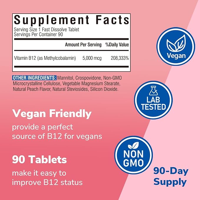 Vitalibre Vitamin B12 Sublingual 5000 mcg, Methylcobalamin, Bioactive Form, High Absorption, Vegan, Nerve, Energy, Immune, Mood Support, Natural Peach Flavor, 90 Fast Dissolve Mini Tablets, No Sugar