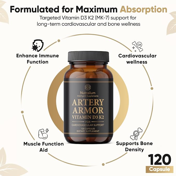 Vitamin D3 K2 Supplement 5000 IU 100 mcg MK7 – High Potency D3+K2 Capsules for Artery Health, Heart Support & Strong Bones Non-GMO Third-Party Tested d3+k2 Vitamin Supplement Artery Armor -120 Count