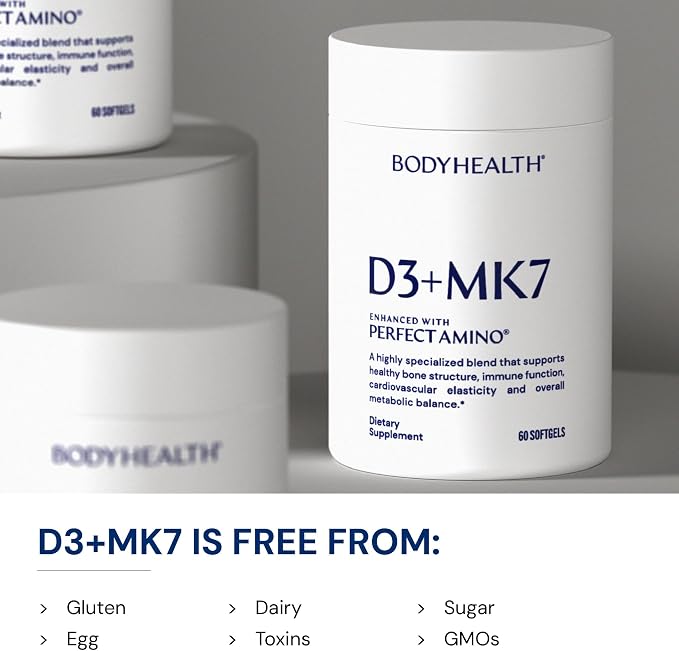 BodyHealth D3 + MK7 - Vitamin D3 5000IU, Vitamin K1, Vitamin K2 - Easy to Swallow Supplement, Supports Bone Strength & Calcium Absorbtion* - 60 Softgels
