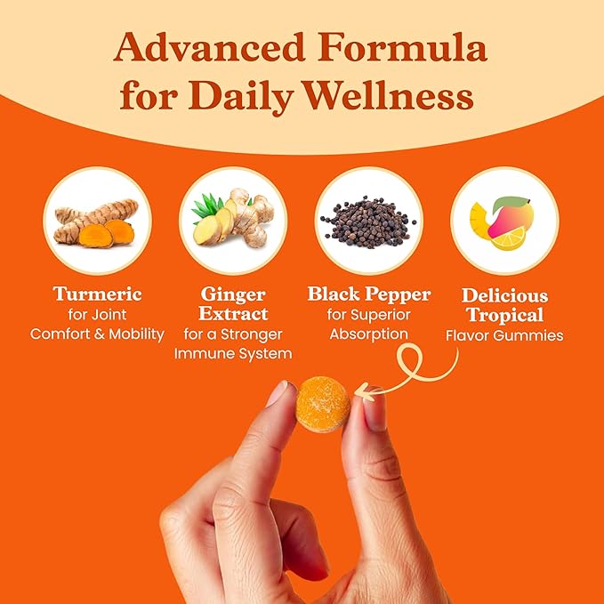 BeLive Turmeric and Ginger Gummies - 500mg - Joint and Mobility Support Supplement - Curcumin with Black Pepper for Enhanced Absorption - Tropical Flavor - 3 Pack, 180 Count