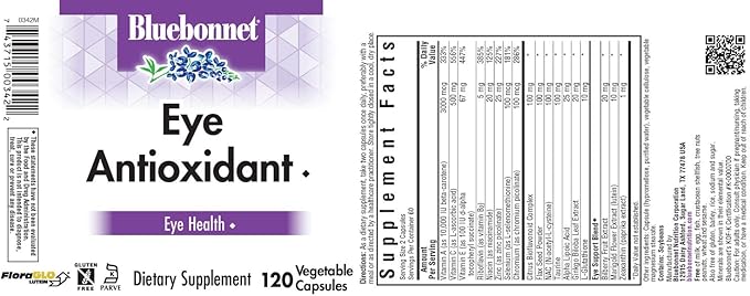 Bluebonnet Eye Antioxidant Lutein & Zeaxanthin Supplement - Vitamin A, Taurine, Zinc, Bilberry Extract Herbal Supplements - Non-GMO, Gluten-Free Eye Care for Women & Men - 120 Vegetable Capsules