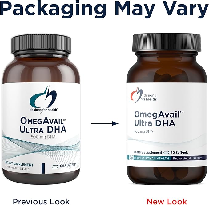 Designs for Health OmegAvail Ultra DHA - Highly Concentrated DHA Triglyceride Fish Oil, TG Fish Oil with 500mg DHA + 100mg EPA - No Fishy Aftertaste (60 Softgels)