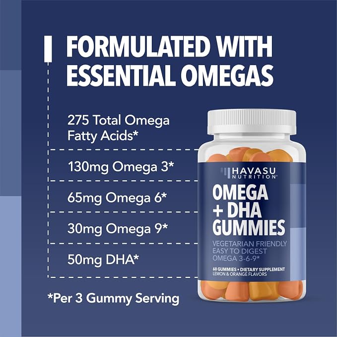Omega 3 6 9 + DHA Gummies for Adults - Plant-Based Fish Oil Alternative with Chia Seed Oil and Algae - Support Brain and Immune Function - Lemon and Orange Flavors - Vegetarian Friendly - 60 Count