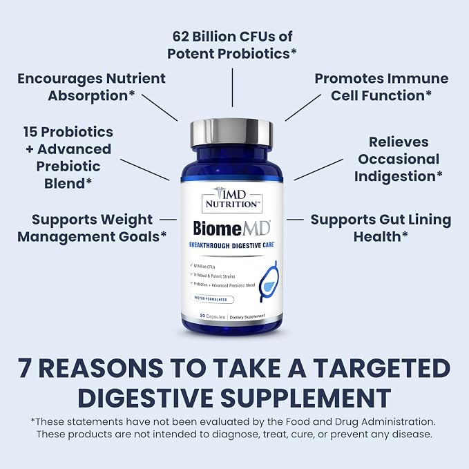1MD Nutrition BiomeMD Probiotics | 62 Billion CFUs, 15 Comprehensive Strains - Pro & Prebiotics | Doctor-Formulated for Digestive Health & Immune Support | 60 Capsules