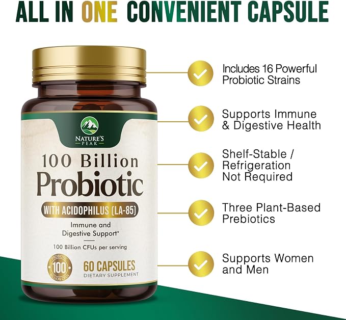 Probiotics 100 Billion CFU Per Serving - 16 Premium Probiotic Strains Prebiotics - Immune Support, Gut Health, Occasional Constipation, Gas & Bloating, Probiotics Supplement, USA Bottled, 60 Capsules
