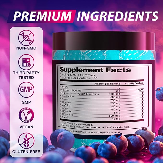 Creatine Monohydrate Gummies Complex 8500 MG for Men & Women, Creatine Monohydrate Supplement for Muscle Growth, Strength & Energy Support, Pre Workout Gummies 120 Count Blueberry