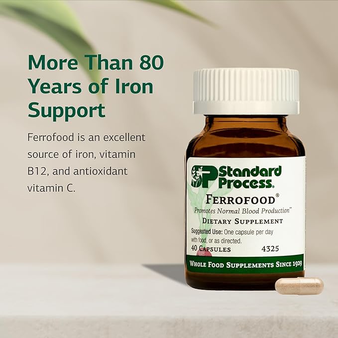 Standard Process Ferrofood - Iron Supplement to Support Normal Blood Production - Aid Iron Absorption with Vitamin C - Health Supplement with Alfalfa, Spanish Moss, Vitamin B12 & More - 40 Capsules