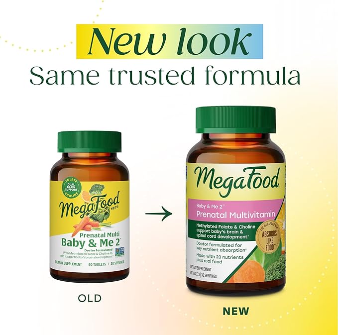 MegaFood Baby & Me 2 Prenatal Vitamin and Minerals - Vitamins for Women - with Folate (Folic Acid Natural Form), Choline, Iron, Iodine, and Vitamin C, Vitamin D and more - 60 Tabs (30 Servings)