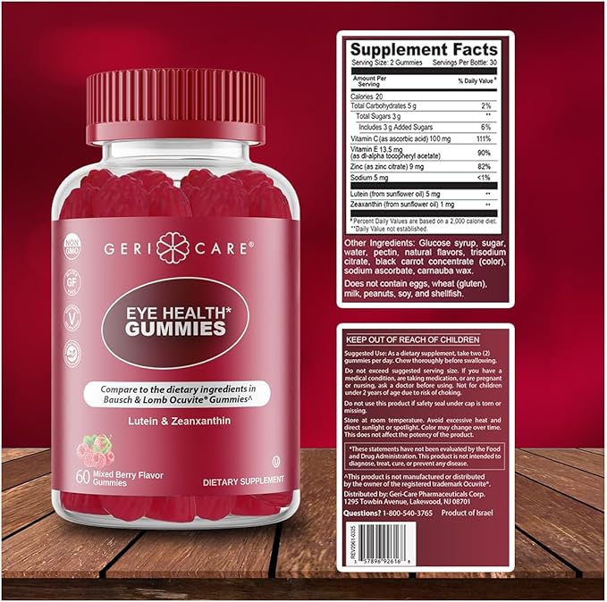 GeriCare Eye Support Gummies, Compare to Bausch and Lomb Ocuvite Gummy, Lutein & Zeaxanthin Vision Health Supplement, Naturally Sourced, Plant-Based, Non-GMO, Gluten-Free, 60 Chewable Berries Gummies